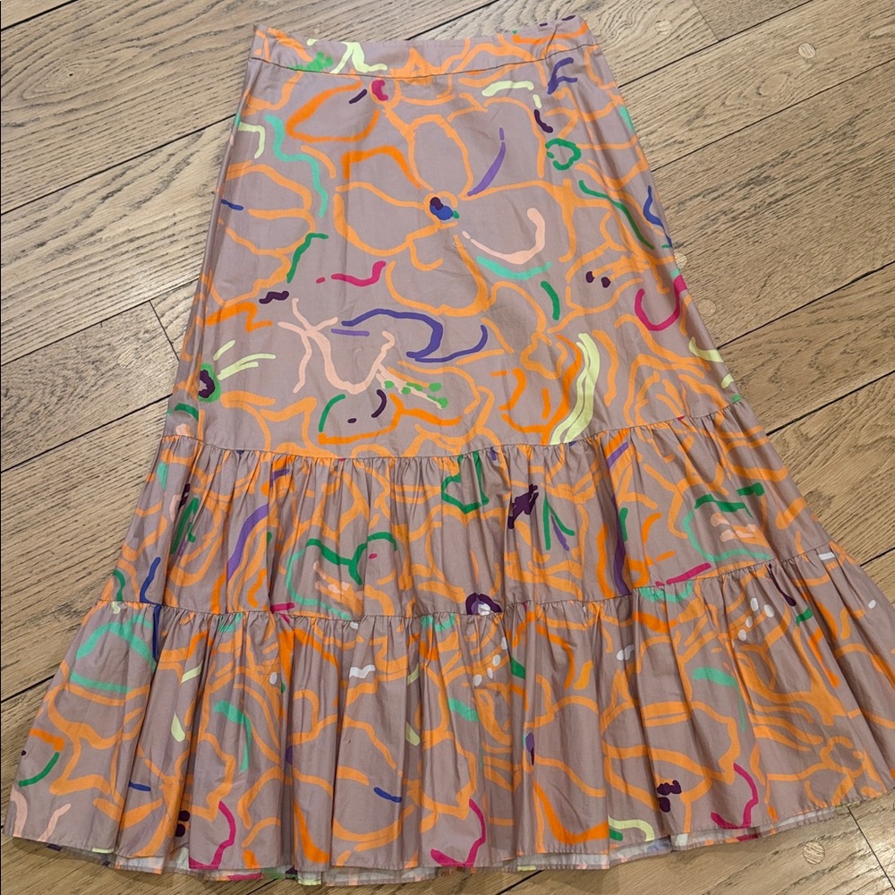 Tanya Taylor Taupe Maxi Skirt with Orange & Multicolor Abstract Print